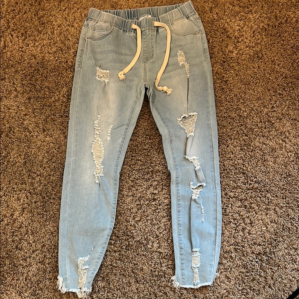 Light Blue Distressed Jeans with Drawstring